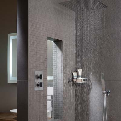 Shower room interior set with accessory basket, thermostatic valve, shower handset and head with falling water